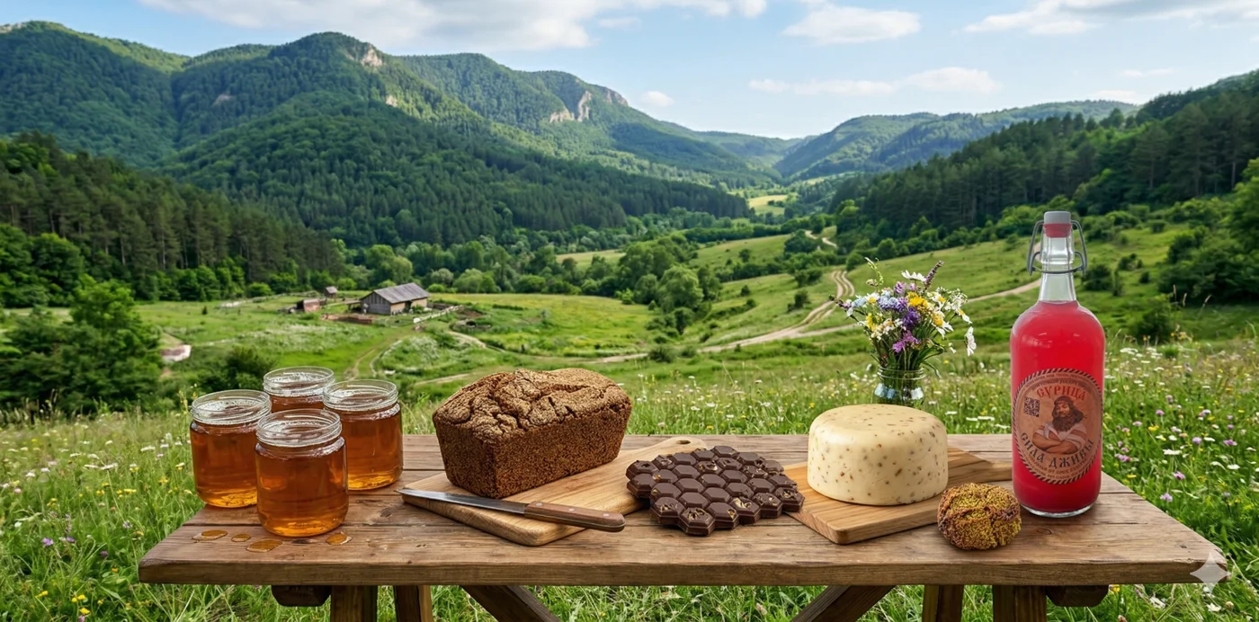 Натуральные продукты Добродея на деревянном столе на фоне горной долины Крыма